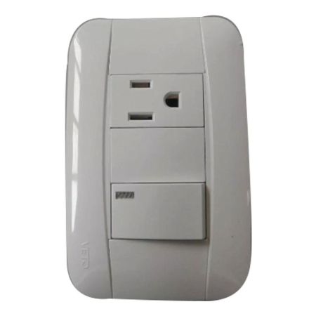 INTERRUPTOR SIMPLE+TOMACORRIENTE POL. PLATA. PLA35598.VETO